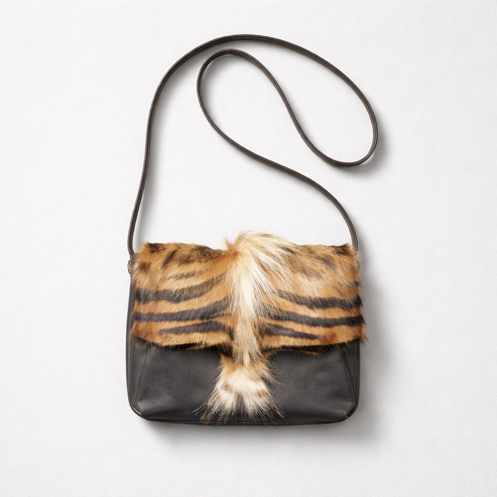 Ann Turk Vintage Black Leather & Genuine Fur Crossbody Bag
