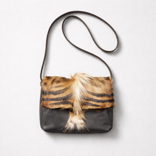 Ann Turk Vintage Black Leather & Genuine Fur Crossbody Bag