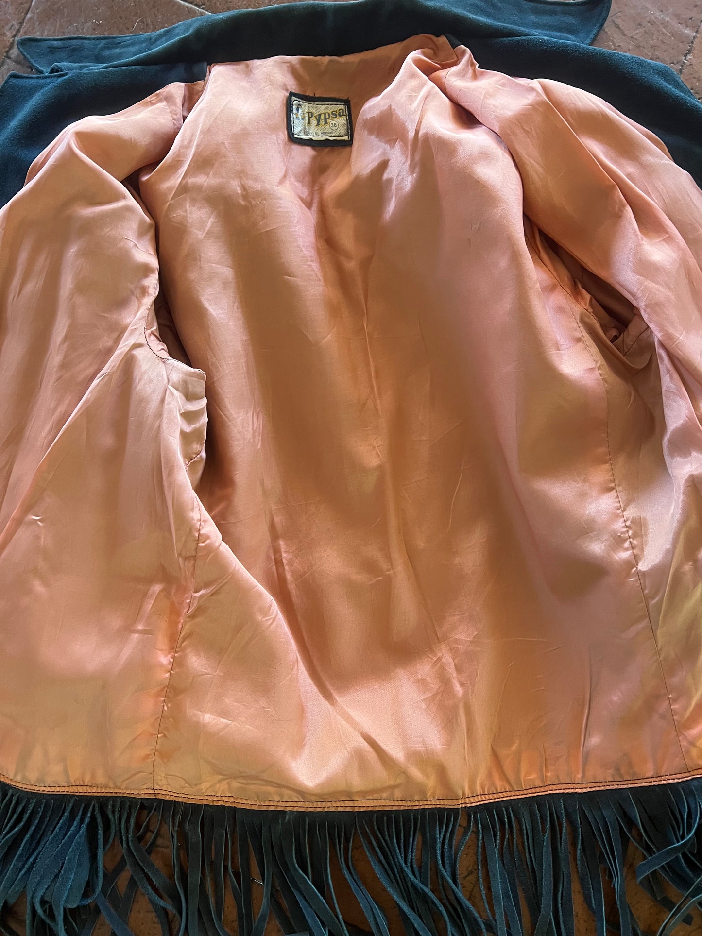 Pypsa Vintage Blue Suede Fringe Jacket w/Pink lining