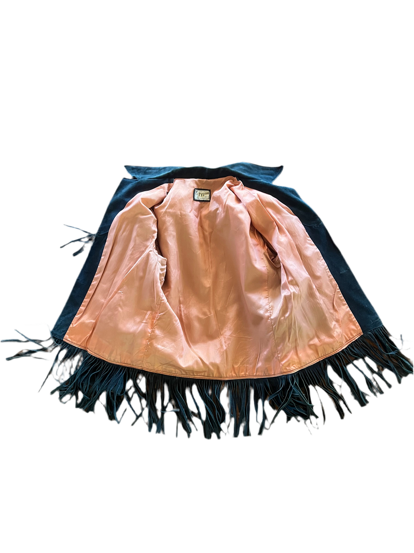 Pypsa Vintage Blue Suede Fringe Jacket w/Pink lining