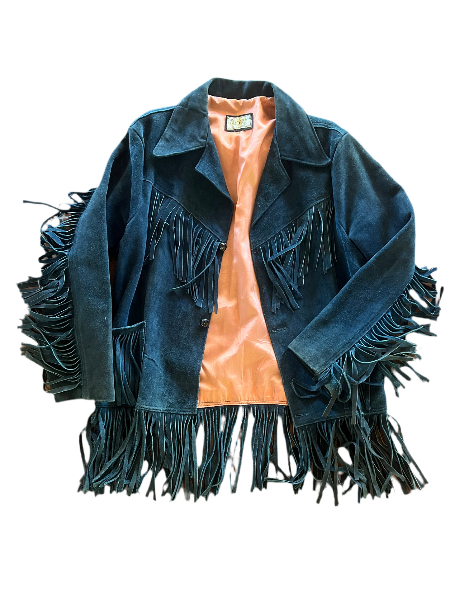 Pypsa Vintage Blue Suede Fringe Jacket w/Pink lining
