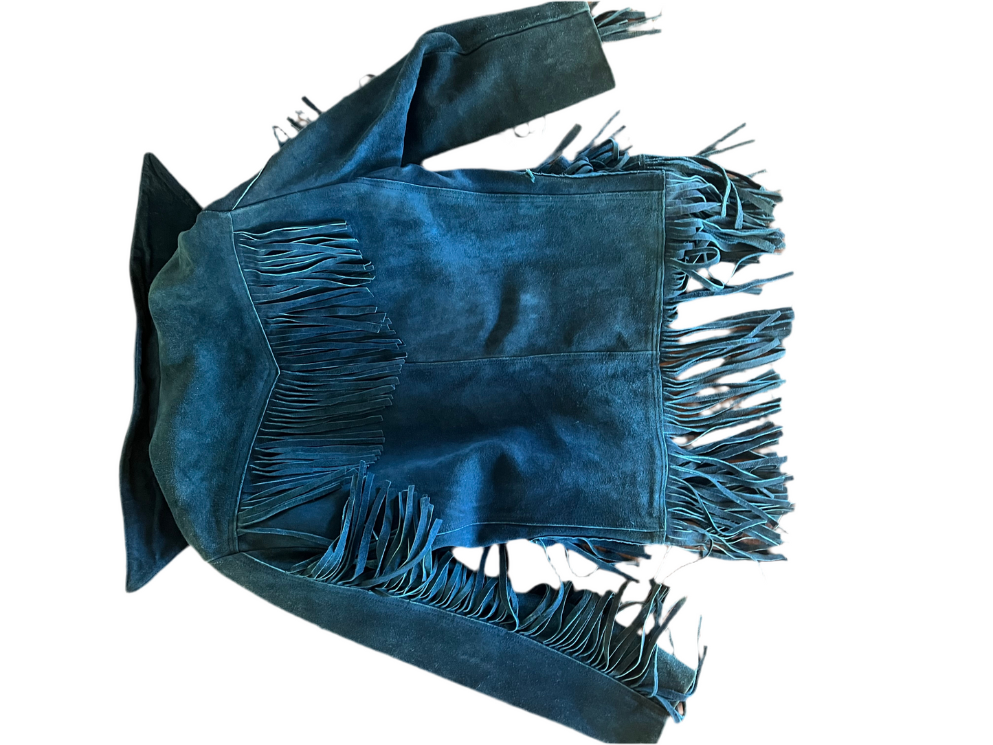 Pypsa Vintage Blue Suede Fringe Jacket w/Pink lining