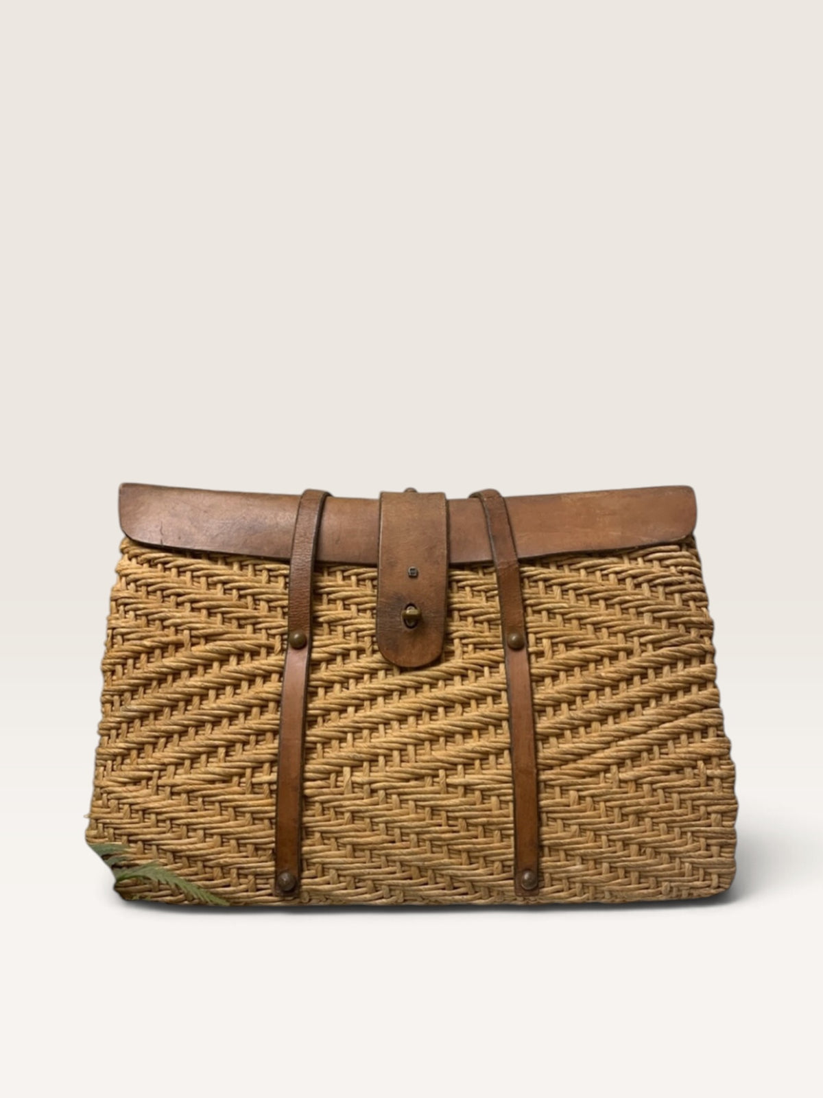 Vintage 1960s–70s Etienne Aigner Woven Straw &amp; Cognac Leather Handbag